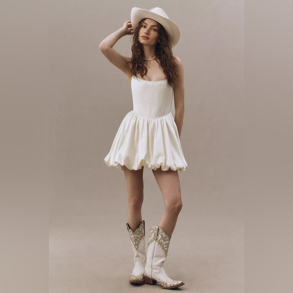 Strapless Cream Mini Dress with Bubble Hem - Picture 3 of 7